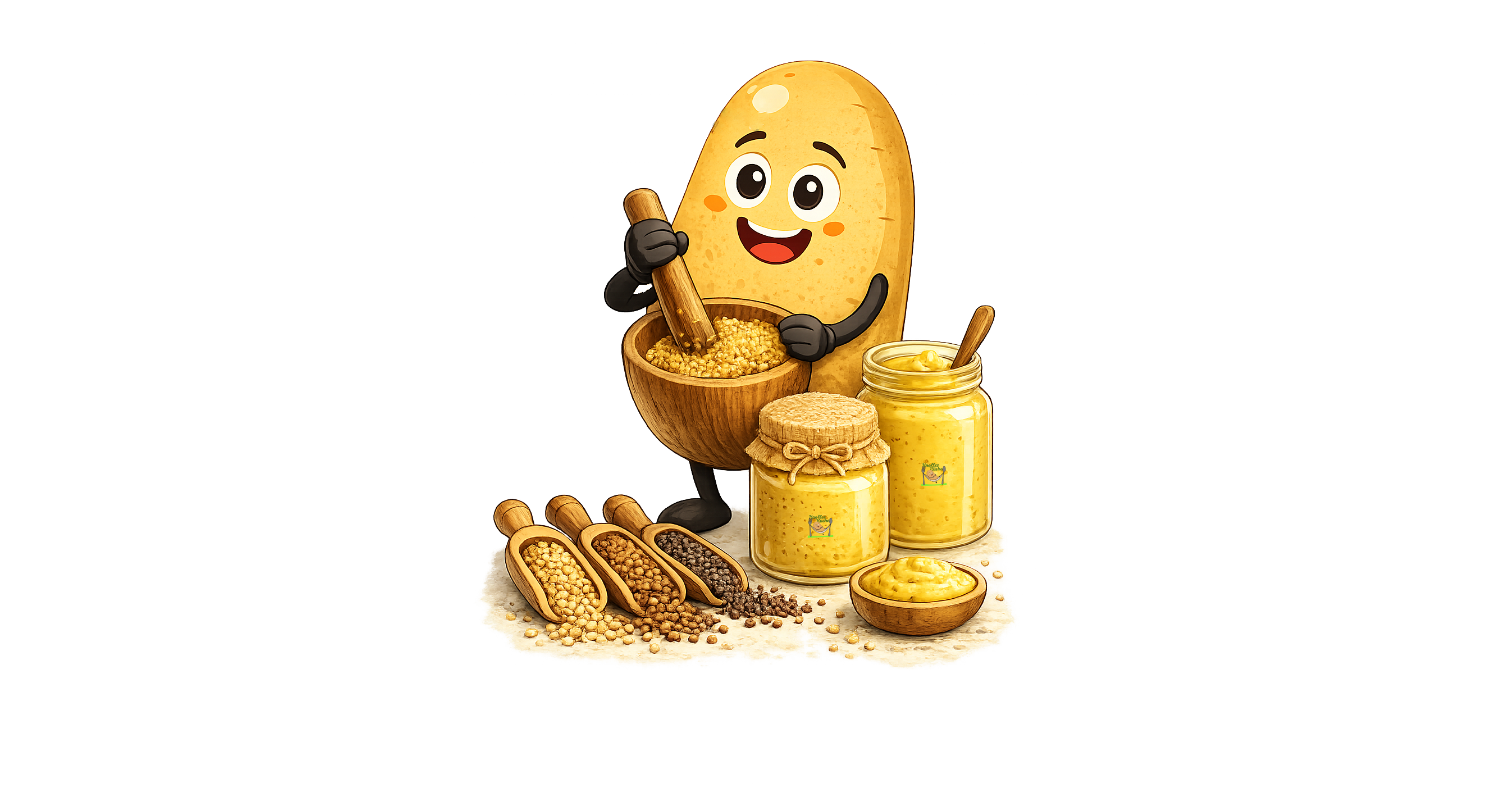 Cartoon Bild zeigt Knolle bei der Herstellung von Senf