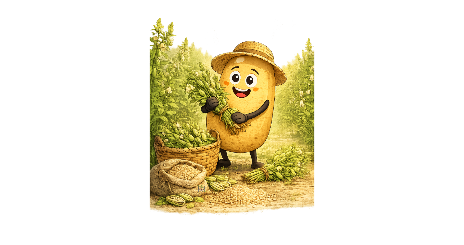 Cartoon Bild zeigt Knolle auf einem Sesamfeld bei der Ernte