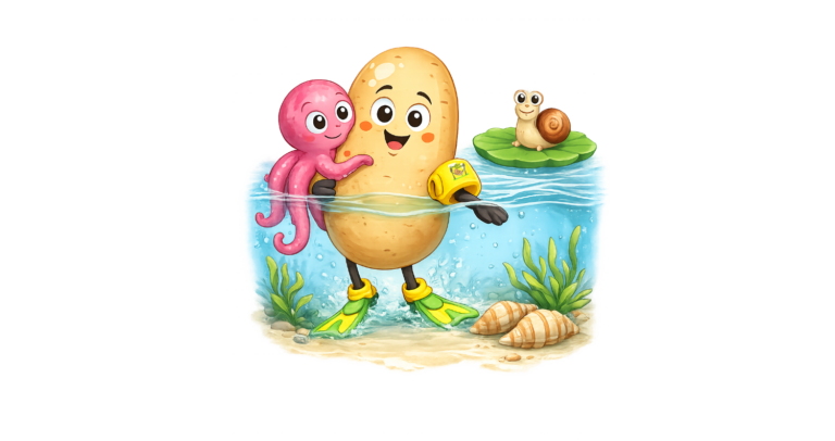 Cartoon Bild zeigt Knolle im Wasser wird umarmt von einem Oktopus neben ihm treibt eine Schnecke auf einem Blatt