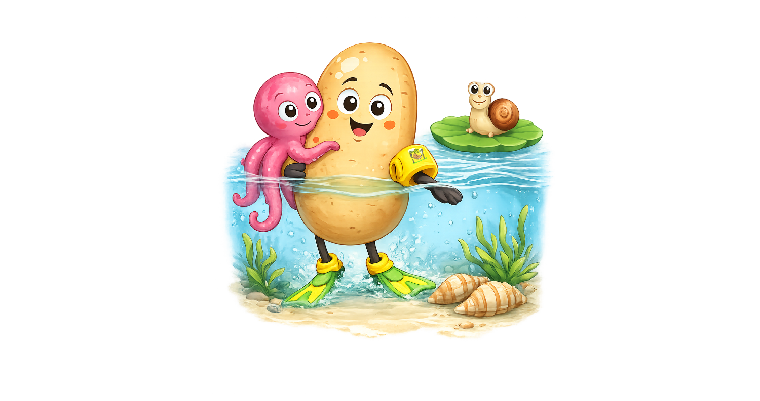 Cartoon Bild zeigt Knolle im Wasser wird umarmt von einem Oktopus neben ihm treibt eine Schnecke auf einem Blatt