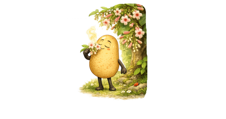 Knolle steht neben einem Chinarinbaum und riecht an einer Blüte