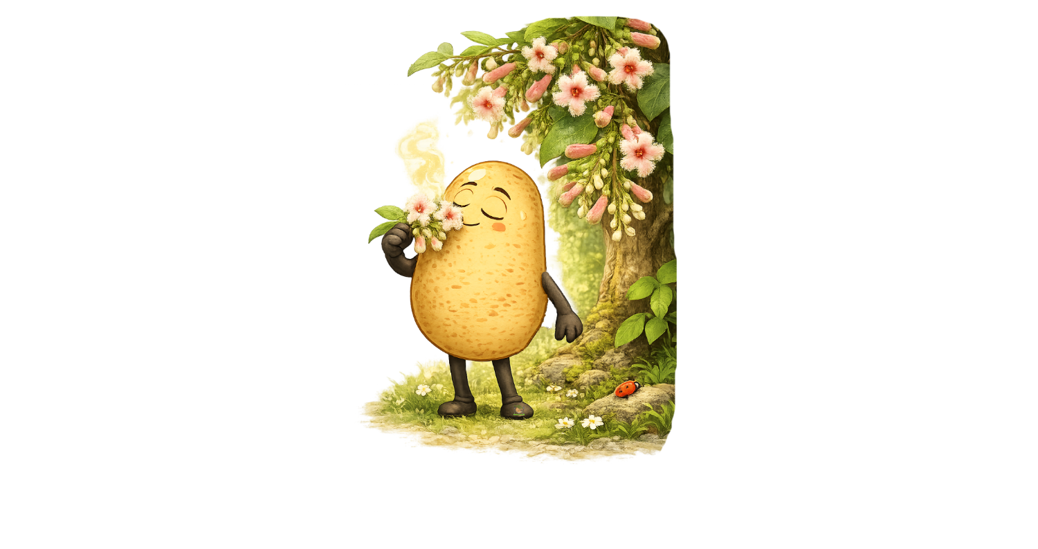 Knolle steht neben einem Chinarinbaum und riecht an einer Blüte