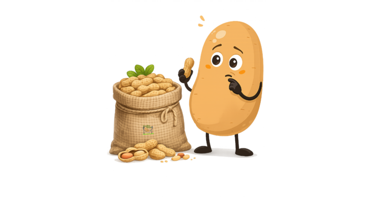 Cartoon Bild Knolle steht neben einem Sack voll mit Erdnüsse und schaut nachdenklich