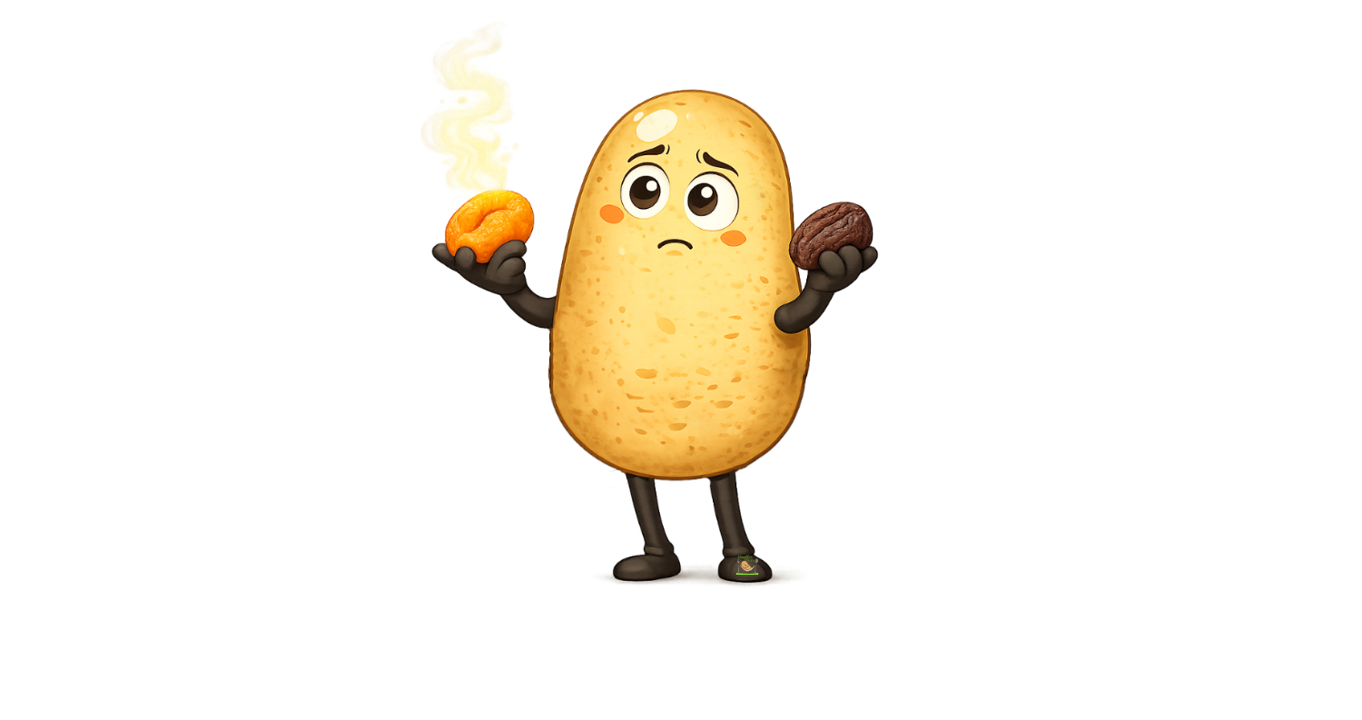 Knolle hält eine orangene geschwefelte Aprikose und eine braune ungeschwefelte in der anderen Hand