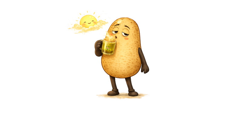 Knolle trinkt kurz nach dem aufstehen einen grünen Tee und sieht noch etwas müde aus