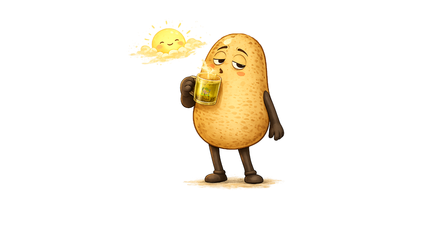 Knolle trinkt kurz nach dem aufstehen einen grünen Tee und sieht noch etwas müde aus