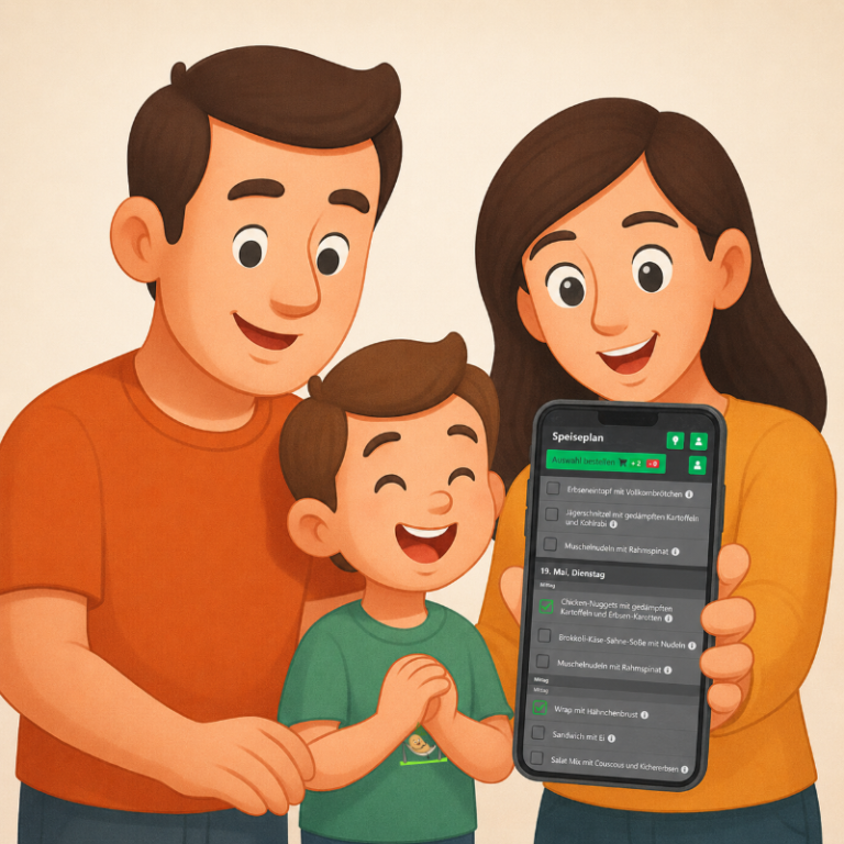 Eltern zeigen Handy auf der die Bestelloberfläche zu sehen ist Cartoonstil