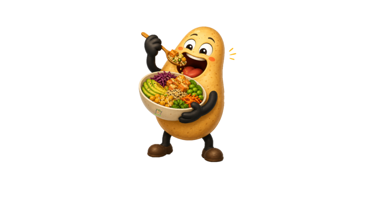 Knolle futtert genüsslich eine Buddha Bowl