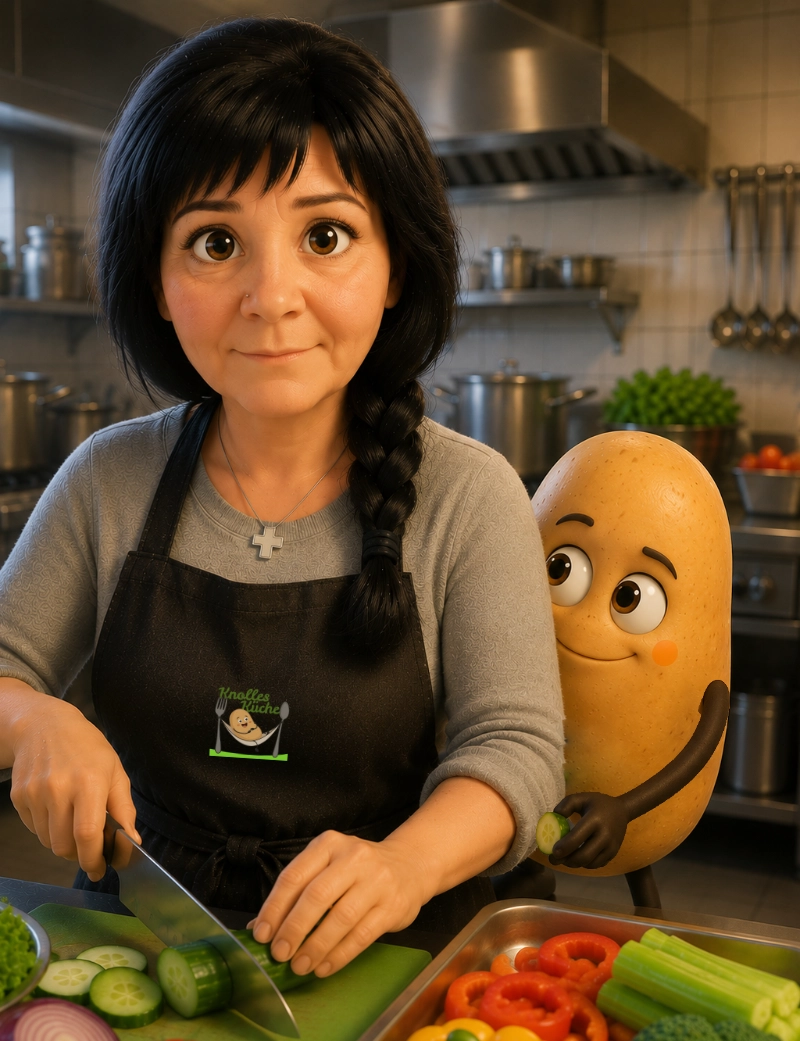 Antje im Cartoon Stil beim Gemüse schneiden. Knolle ist im Hintergrund zu sehen wie er versucht Gemüse zu stibitzen